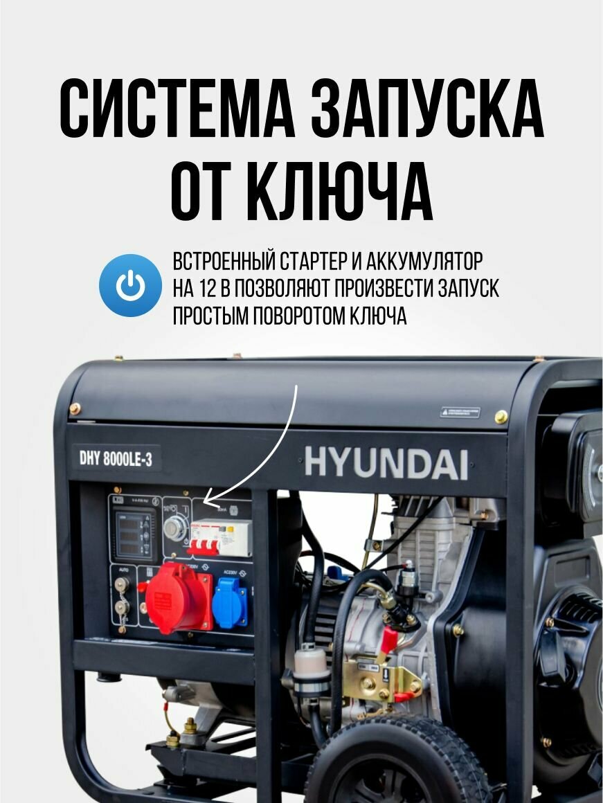 Дизельный генератор Hyundai DHY 8000 LE-3 6,5 кВт, электрогенератор с ручным и электро запуском двигателя 111кг