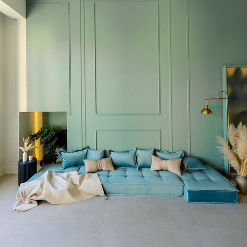 Изображение товара Диван кровать раскладной бескаркасный модульный MIELLA Lora, светло-зеленый велюр светло-зеленые подушки 6 шт+ 1 в подарок