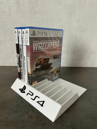 Изображение товара Подставка для дисков PlayStation 4, белая с черным текстом, на 10 дисков без заднего бортика