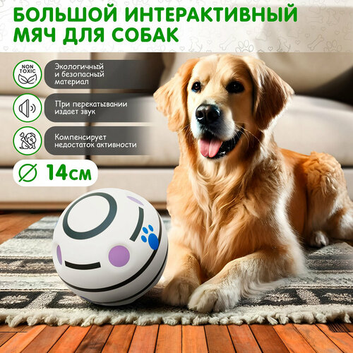 Интерактивный мяч для собак с пищалкой 14см, OZBERRY. Игрушка мячик для животных средних и крупных пород, белый