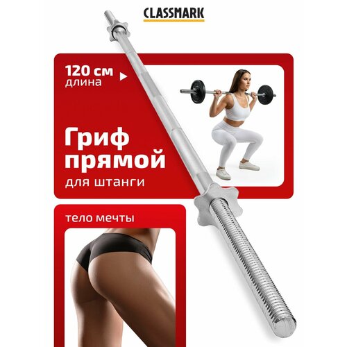Гриф для штанги Classmark, прямой, 120 см, железный, серебристый