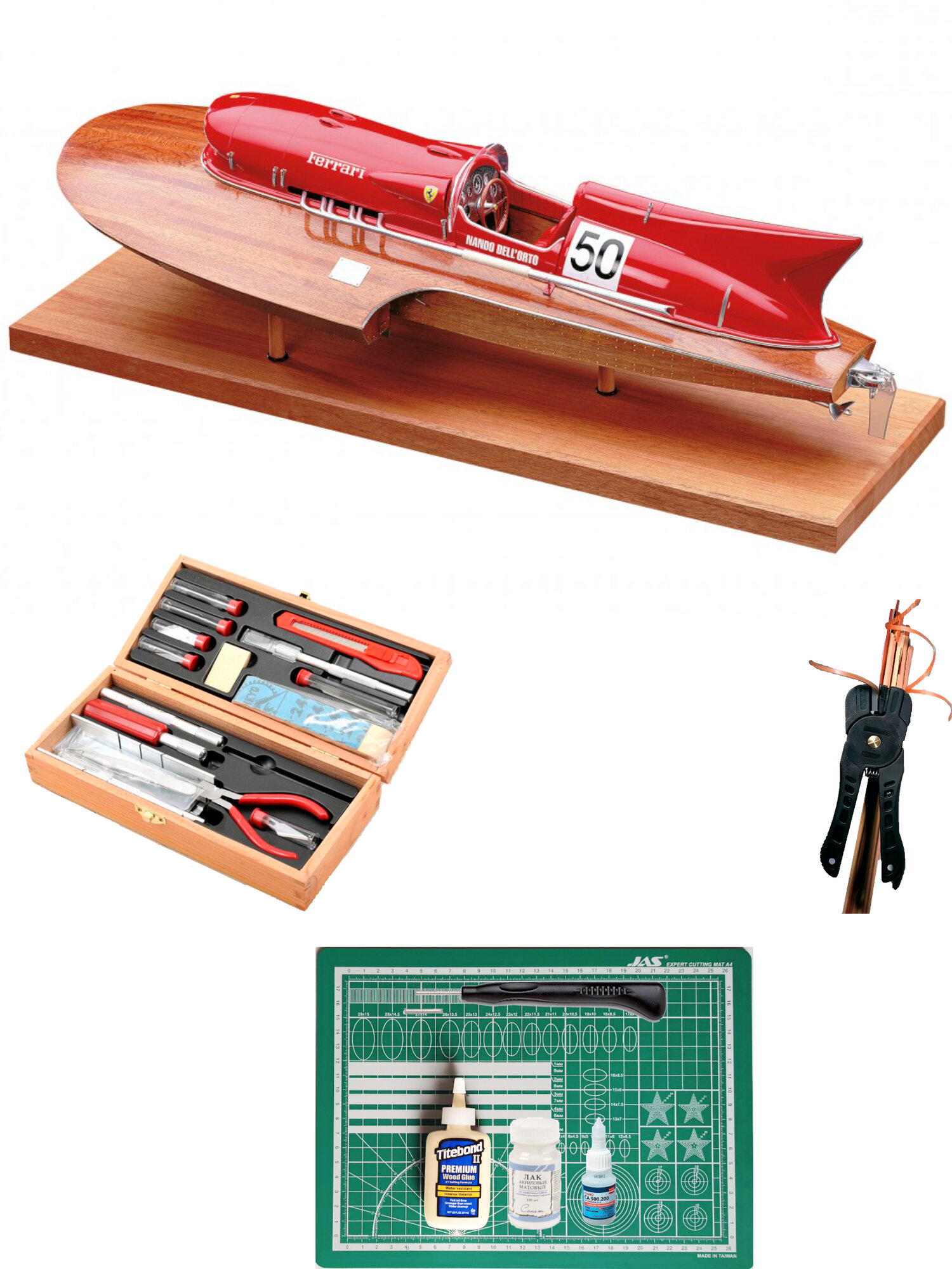 Модель катера Amati, Ferrari Arno XI Limited Edition, 790 мм, М.1:8, подарочный набор, подставка, инструменты, лак, клея