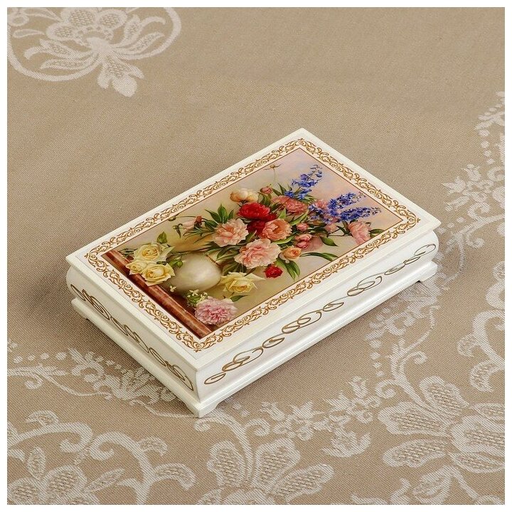 Шкатулка «Букет цветов в вазе», белая, 11×16 см, лаковая миниатюра 3696426