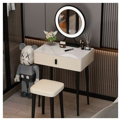 Компактный туалетный столик 60 см обитый кожей с табуретом и зеркалом с подсветкой (молочный столик - без табурета и зеркала)