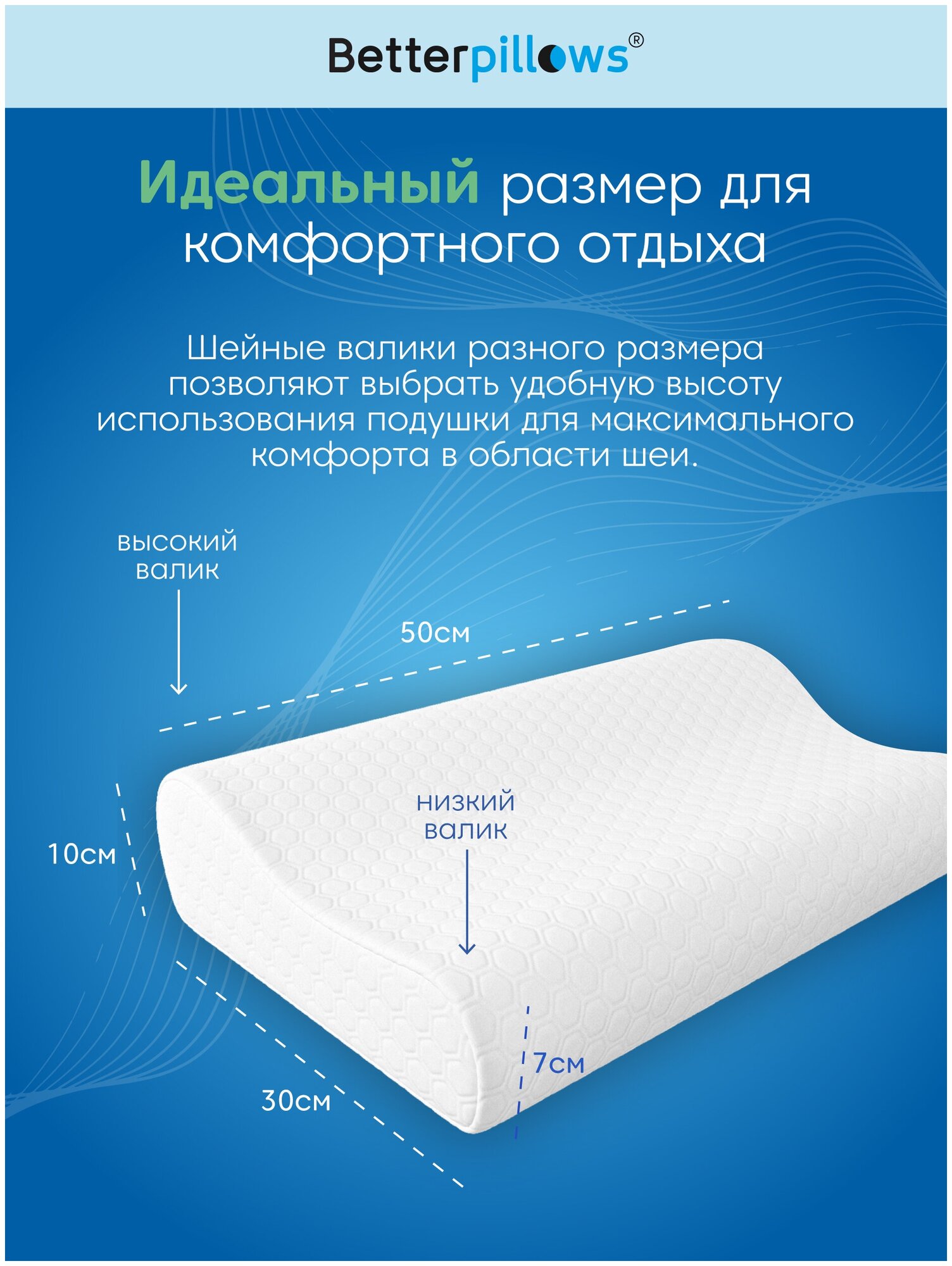 Подушка ортопедическая с эффектом памяти для взрослых и детей 50х30х7/10 см - фотография № 3