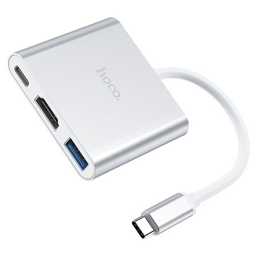 USB-концентратор Hoco HB14 Easy use USB-C на USB3.0 + HDMI + PD, разъемов: 3, серебристый хаб type c на usb 3 0 hdmi pd hoco hb14 переходник для macbook pro air с возможностью вывода на экран и зарядкой адаптер