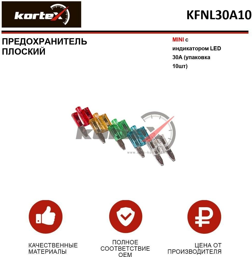 Предохранитель плоский Kortex MINI с индикатором LED 30A (упаковка 10шт) OEM FN30A50 FNL30A10 K-FN30A / 50 K-FNL30A / 10