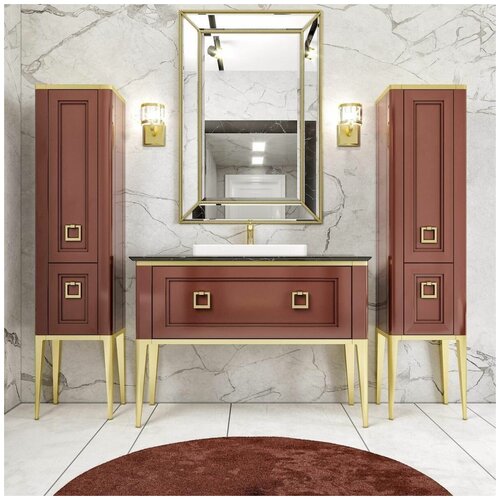 Bagno Piu Тумба напольная цвет CHIANTI CON ORO LUCIDO 99*82*44,5+кварцевая столешница NERO MARQUINA 103*2*45,+ керамическая раковина + ручки золото