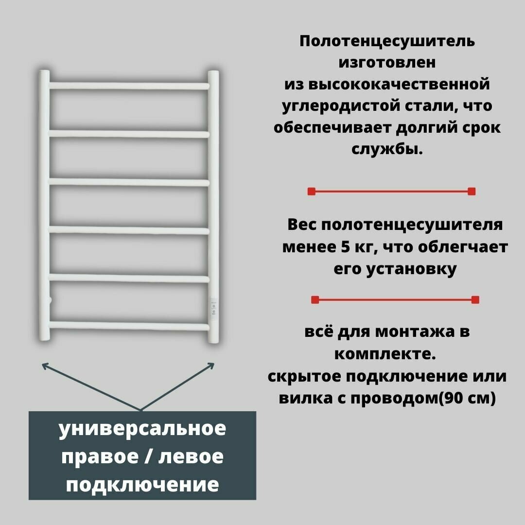 Полотенцесушитель электрический Status Аспект Пэк сп1 80 на 40 без полки, белый, таймер, скрытое универсальное подключение - фотография № 3