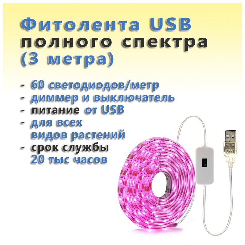 USB фитолента полного спектра светодиодная водозащищённая для растений с выключателем и диммером (3 метра, 60 светодиодов/метр)
