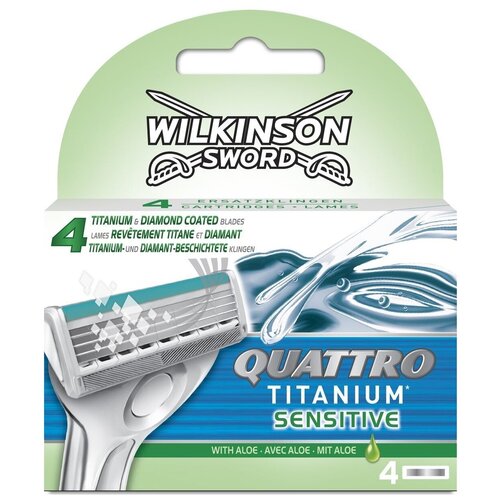 wilkinson sword premium сменные кассеты cremo 4шт Сменные кассеты Wilkinson Sword Quattro Titanium Sensitive, 4 шт.