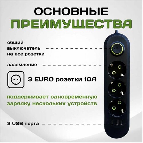 Сетевой фильтр Rapture-1071, 3 евро-розетки, 3x USB, 2.0M, черный