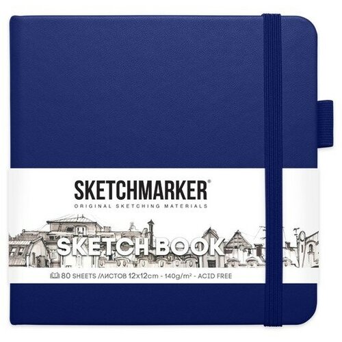 Скетчбук Sketchmarker, 120 х 120 мм, 80 листов, твёрдая обложка из искусственной кожи, синий, блок 140 г/м2