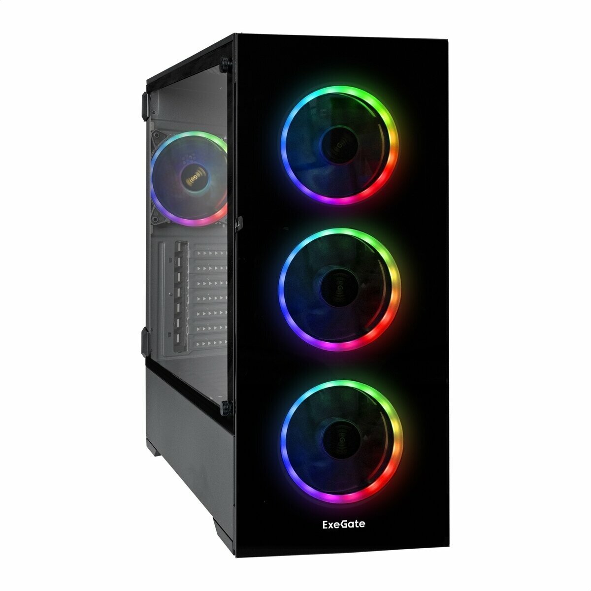 Корпус Miditower ExeGate i3 MAX (eATX, без БП, 2*USB+1*USB3.0, HD аудио, черный, 4 вент. 12см с RGB подсветкой, контроллер + ПДУ, ARGB MB кабель, пылевые фильтры, передняя и боковая панели - закаленное стекло) EX289024RUS