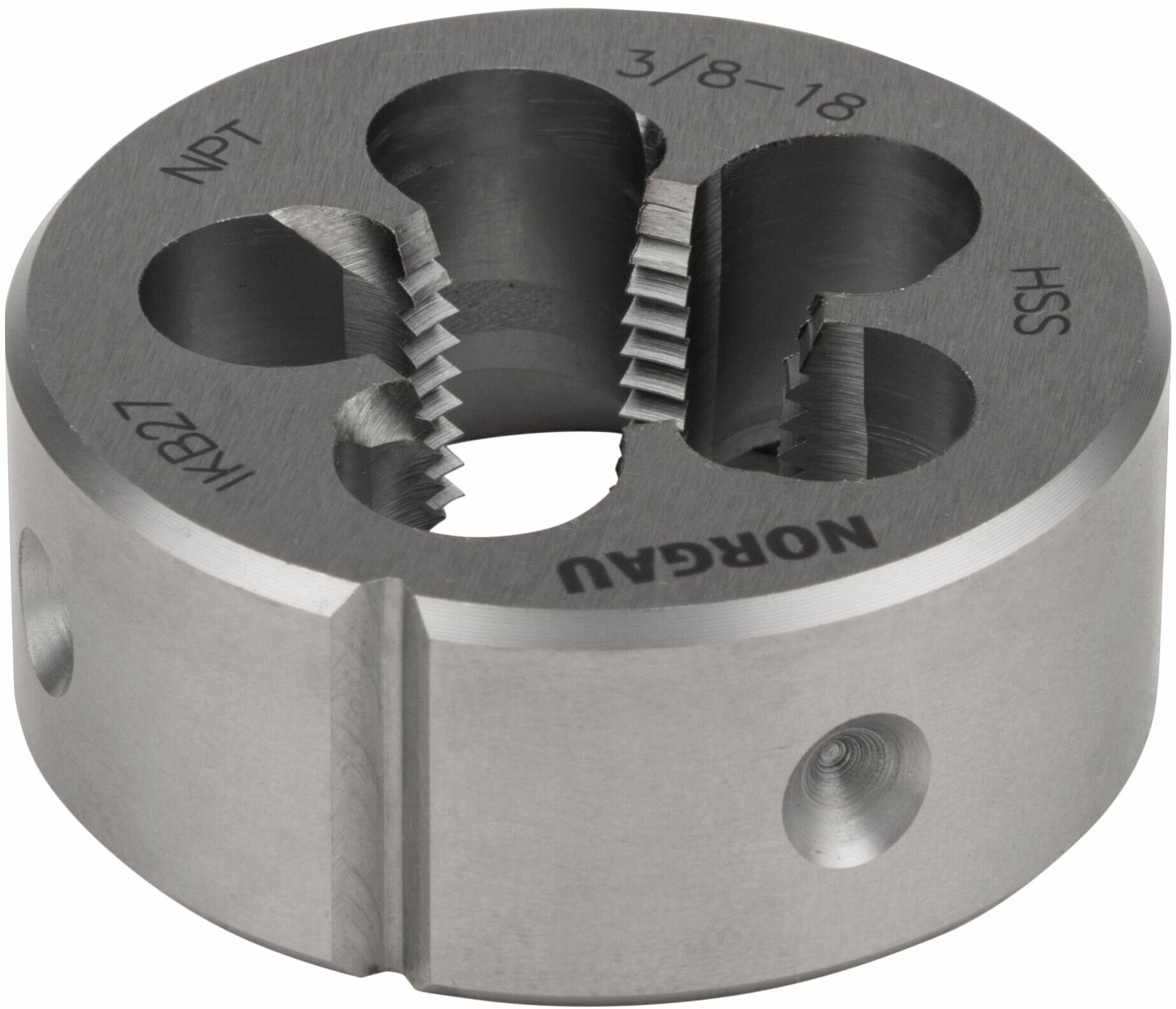 Плашка NPT 3/8х18 дюйма диаметр 45 мм NORGAU Industrial для обработки конической резьбы с углом 60 по DIN223 HSS