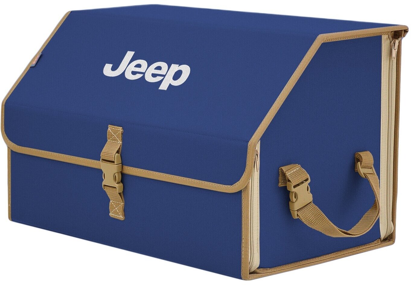 Органайзер-саквояж в багажник "Союз" (размер L). Цвет: синий с бежевой окантовкой и вышивкой Jeep (Джип).