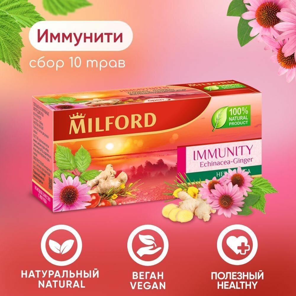 Травяной чай Милфорд Иммунити Milford Immunity сбор трав эхинацея-имбирь в пакетиках