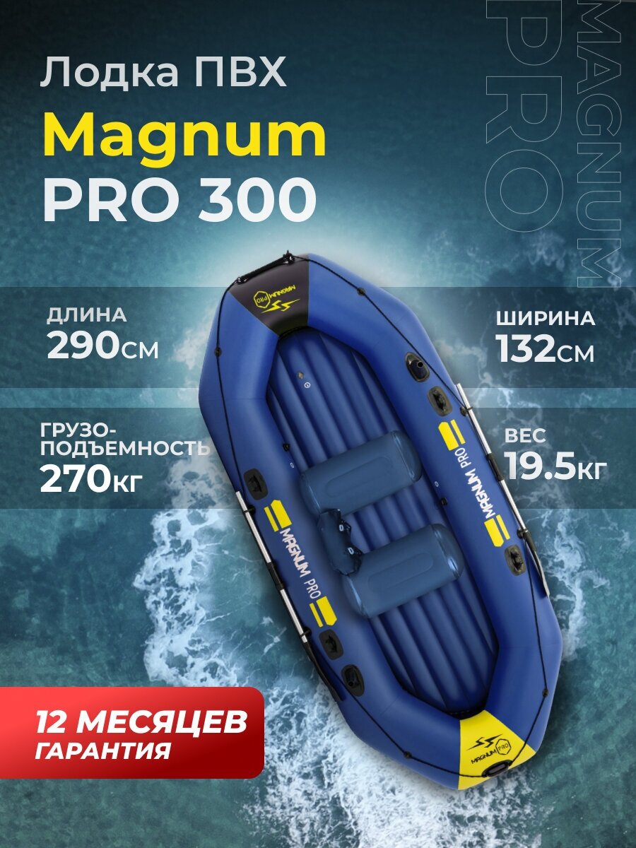 Лодка ПВХ под мотор надувная синий двухместная гребная для рыбалки Magnum PRO 300 грузоподьемность 270 кг