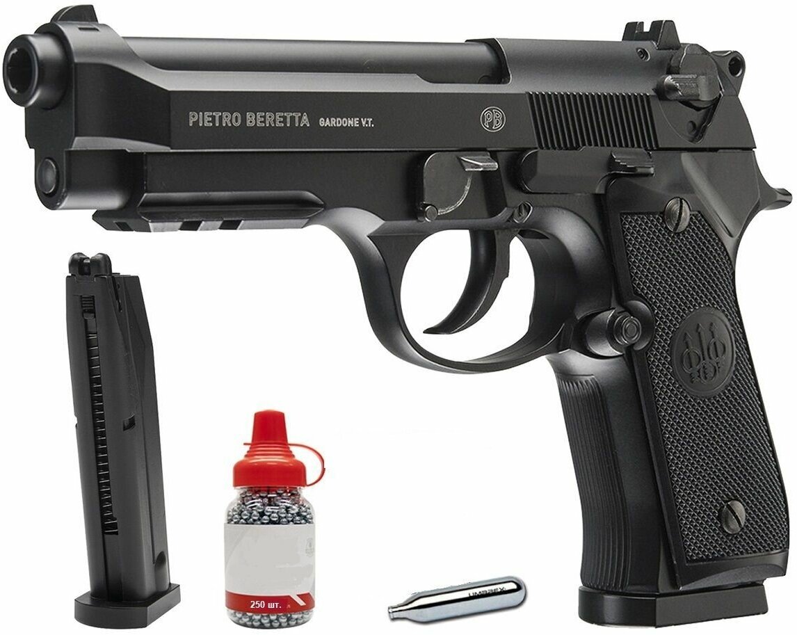 Пневматический пистолетгазовый стреляет металлическими пульками 4,5 мм Stalker S92PL Модель Beretta 92В комплекте баллон, 250 стальных шариков