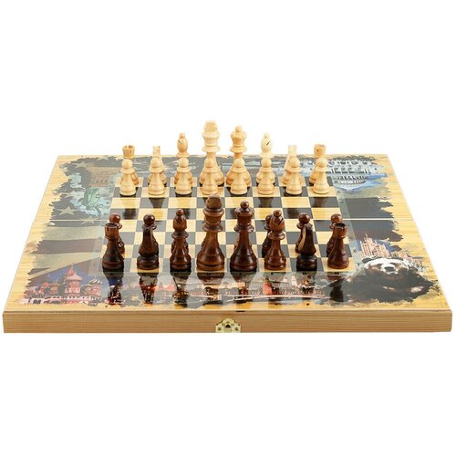 Шахматы, шашки, нарды 3 в 1 Россия-США, дерево, 50х50см набор 2 в 1 малый шахматы лакированные шашки деревянные с доской 295х145 мм игра шахматы шашки набор шашек и шахмат