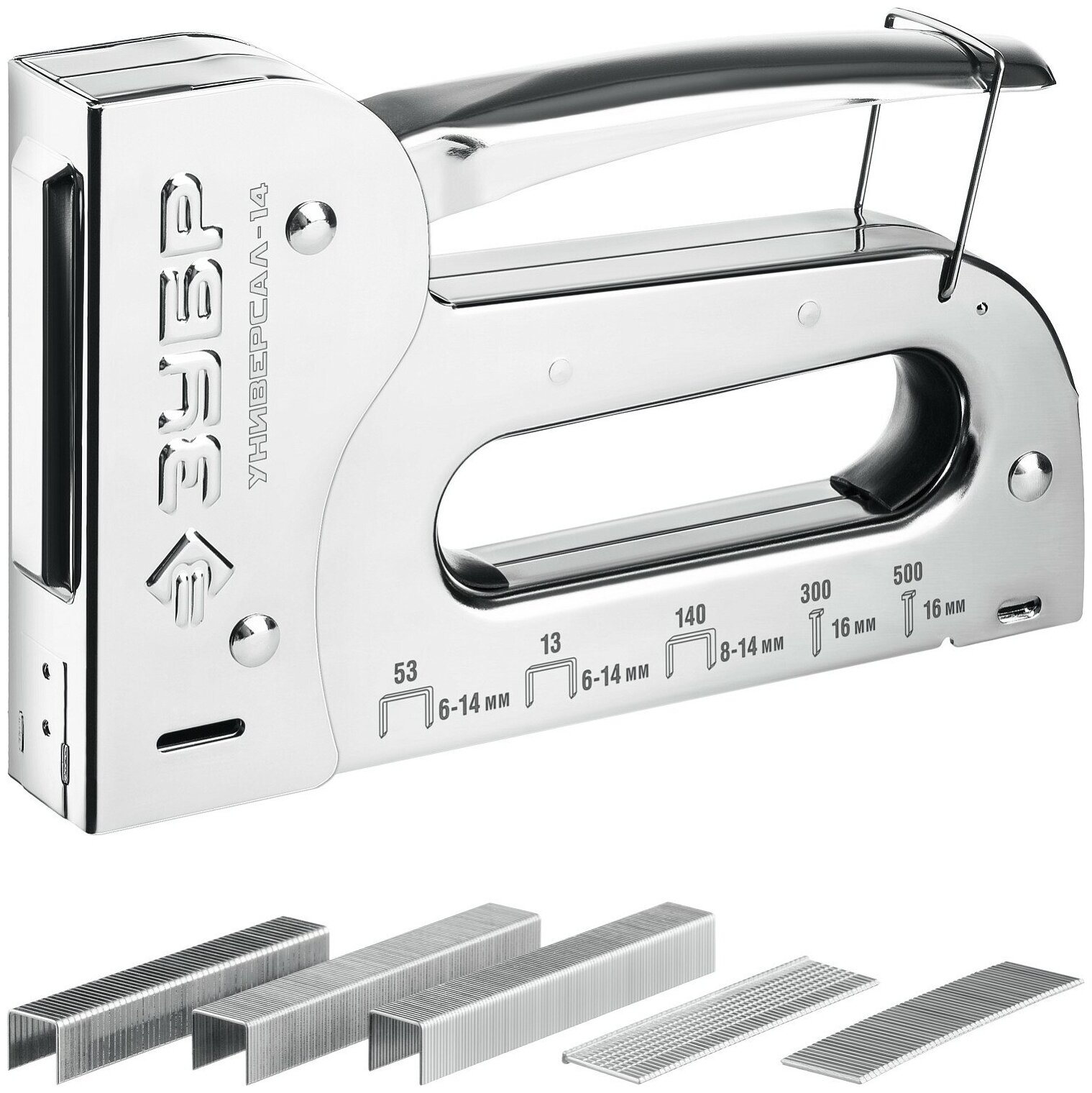 ЗУБР Универсал-14 6-в-1: 53 (A/10/JT21) 23GA (6-14 мм)/140 (G/11/57) 20GA(8-14 мм)/53F/13/300/500, Универсальный стальной степлер (31527)