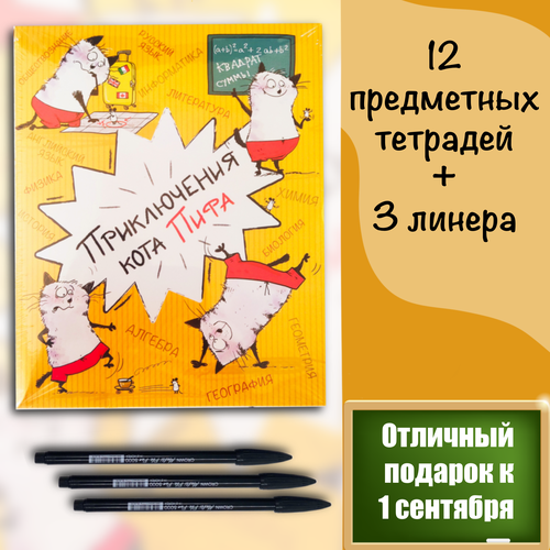 Комплект предметных тетрадей 48 листов набор 12 шт.(в клетку, в линейку) школьная, с рисунком в плотной обложке + Капиллярная ручка Линер 3 шт.(чёр.)