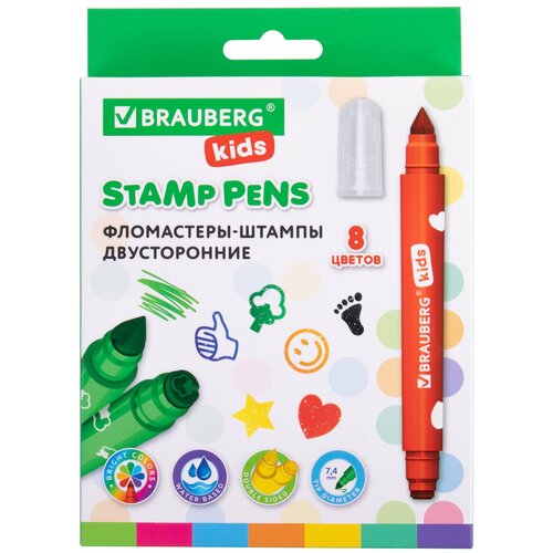 Фломастеры-штампы двусторонние FUNNY STAMPS, 8 цветов, BRAUBERG KIDS, картонная коробка с европодвесом, 152179 - 1 шт. 40pcs diy craft stamps scrapbook letter number stamps diary alphabet stamps notebook stamps