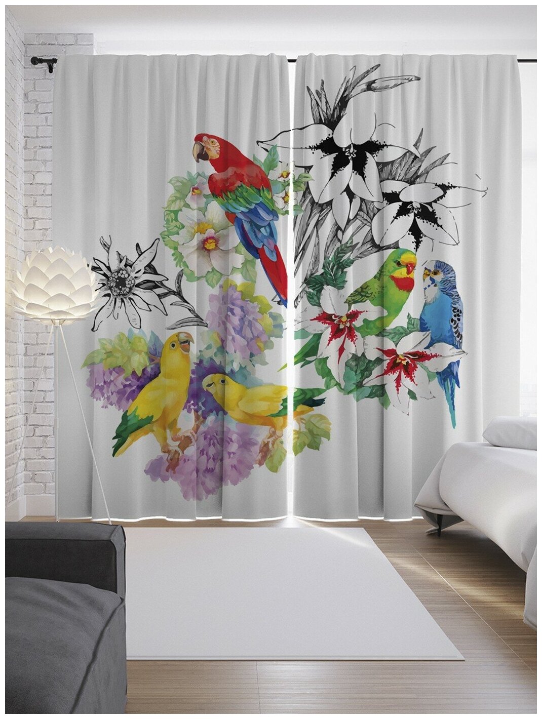 Шторы JoyArty с фотопечатью "Цветные попугаи" из сатена, 290х265 см - фотография № 7