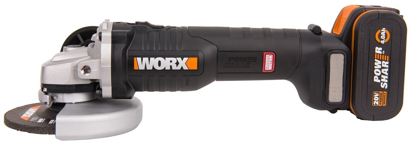 Угловая шлифмашина аккумуляторная WORX WX812, 125мм, 20В бесщеточная, 4Ач х1, ЗУ 2А