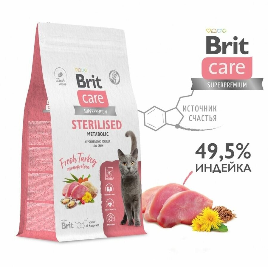 Сухой корм BRIT CARE супер-премиум с индейкой для стерилизованных кошек "Cat Sterilised Metabolic" 0,4 кг - фотография № 6