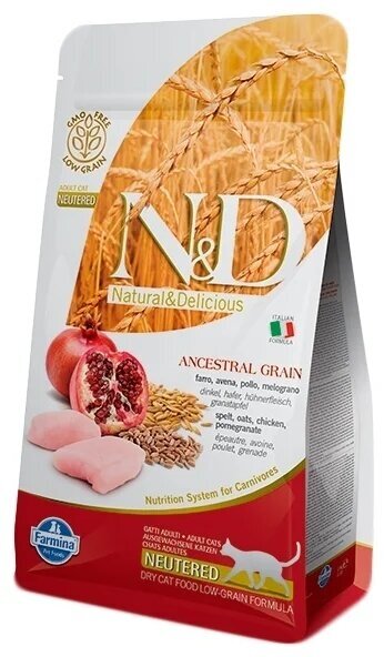 FARMINA Сухой низкозерновой корм для стерилизованных кошек N&D Ancestral Grain, с курицей, гранатом, овсом, спельтой 5 кг