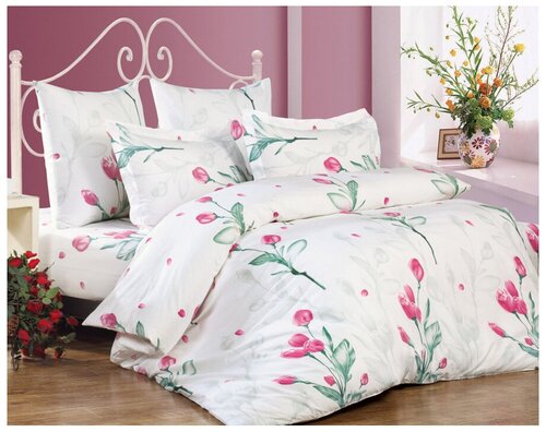 Комплект постельного белья СайлиД A-152, 2-спальное, поплин, белый/зеленый/розовый