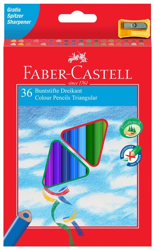 Карандаши цветные Faber-Castell Eco с точилкой набор цветов в картонной коробке 36 шт. (трехгранные) - фото №1