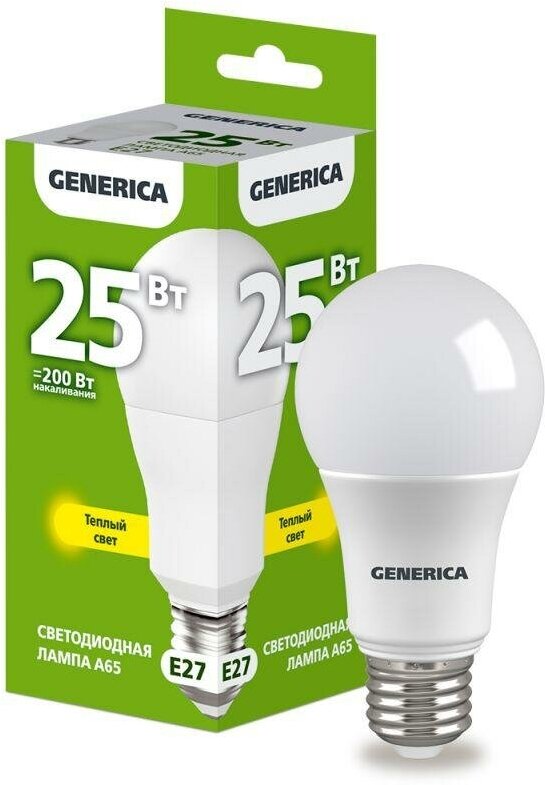 Лампа светодиодная A65 25Вт грушевидная 3000К E27 230В GENERICA LL-A65-25-230-30-E27-G