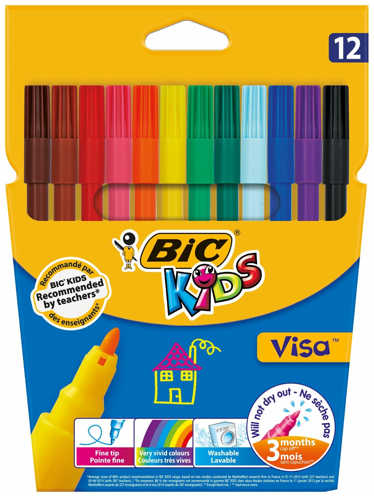 Фломастеры BIC "Kids Visa", 12 цветов, суперсмываемые, вентилируемый колпачок, европодвес, 889695, 888695 В комплекте: 1шт