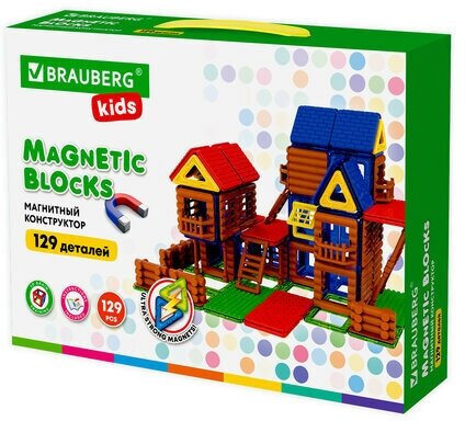 Конструктор магнитный Brauberg Kids Magnetic Build BLOCKS-129 "Построй дом" 663850 .