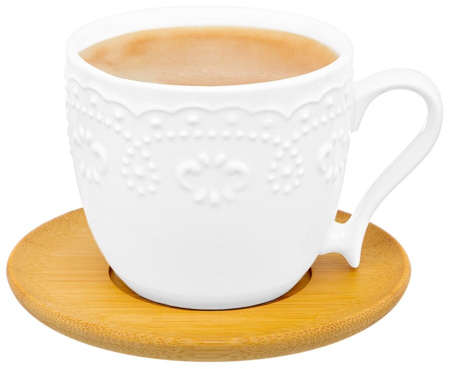 Чашка / кружка для капучино и кофе латте 250 мл 11х8,3х7,5 см Elan Gallery Белый узор, на деревянной подставке