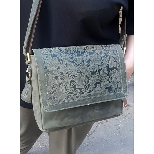 фото Сумка кросс-боди из натуральной кожи top-grain с винтажным цветочным тиснением мятно-зеленая.. goatter