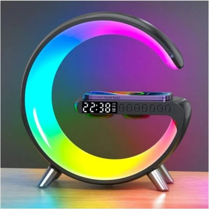 Стильный RGB Ночник Черный с беспроводной зарядкой 15W, часами, будильником и Bluetooth колонкой