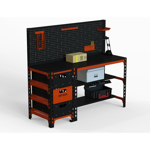 Стол металлический Metalex 750х1400х600 с выдвижными ящиками и перфопанелью (оранжево-чёрный)