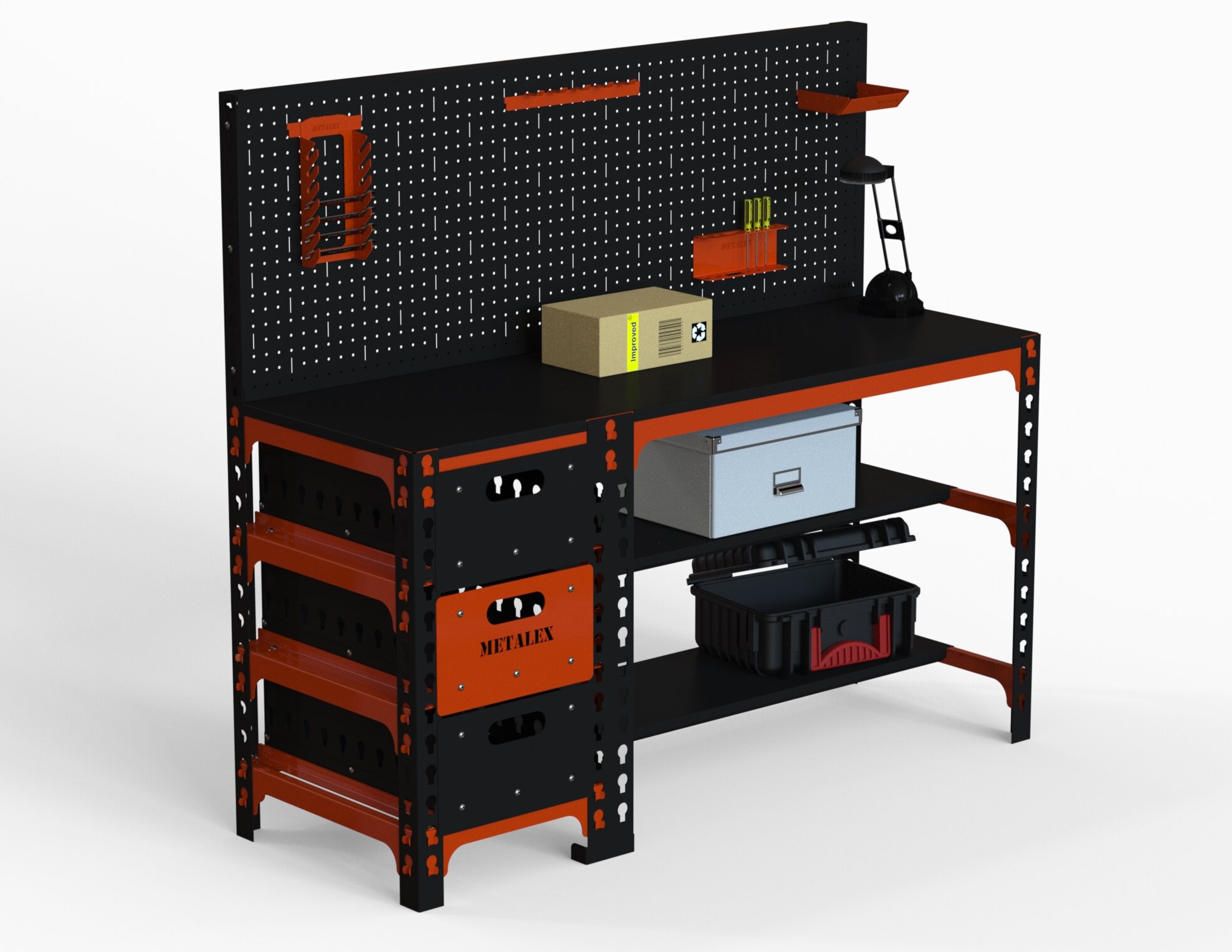 Стол металлический Metalex 750х1200х600 с выдвижными ящиками и перфопанелью (оранжево-чёрный)