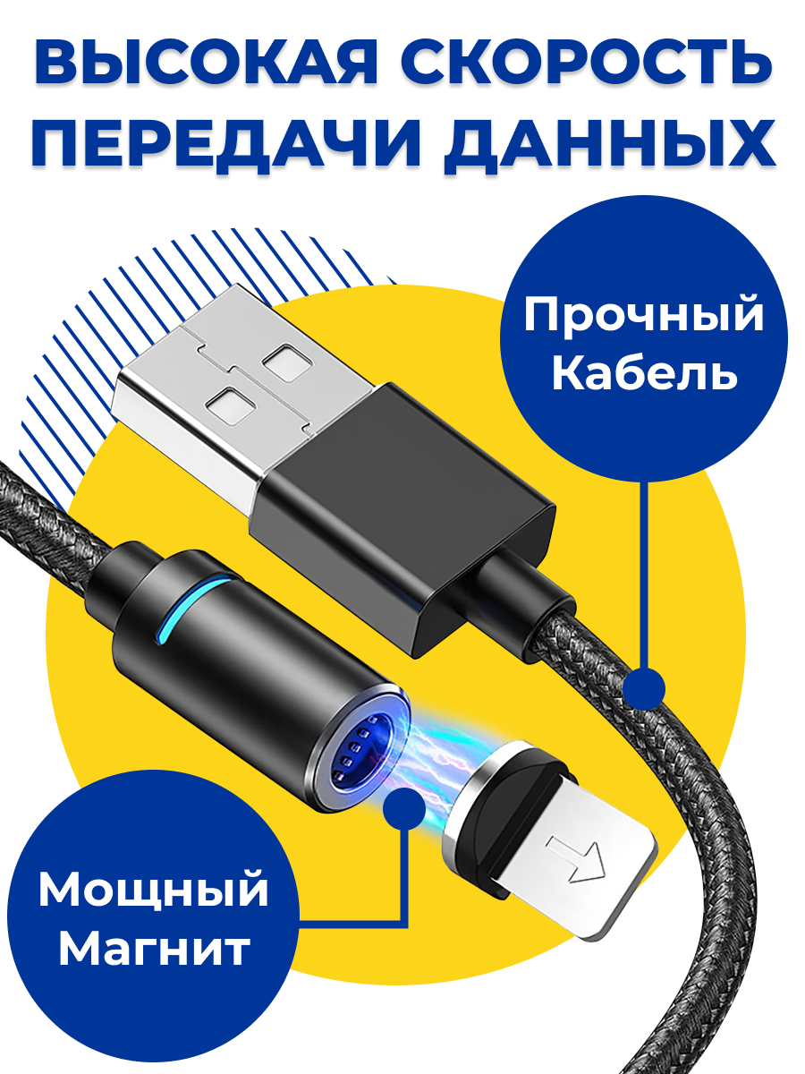 Магнитный кабель для зарядки 3 в 1 Type-C Lightning Micro USB / Провод на iPhone Samsung Android Xiaomi / Шнур Лайтнинг Тайп Си Микро ЮСБ (2М)