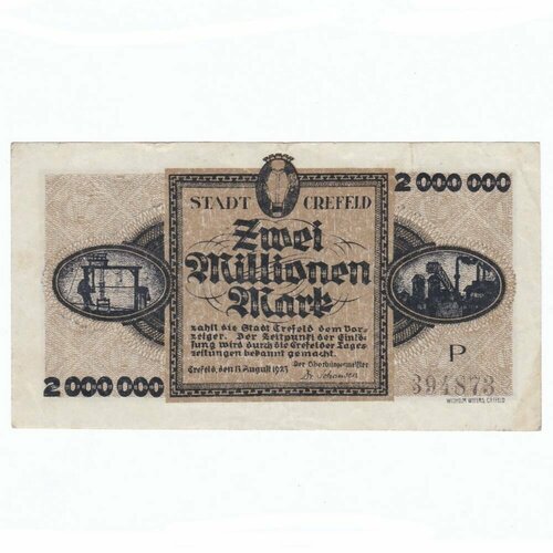 Германия (Веймарская Республика) Крефельд 2000000 марок 1923 г. 1923 банкнота германия 1923 год 5 000 000 марок 5 й выпуск vf