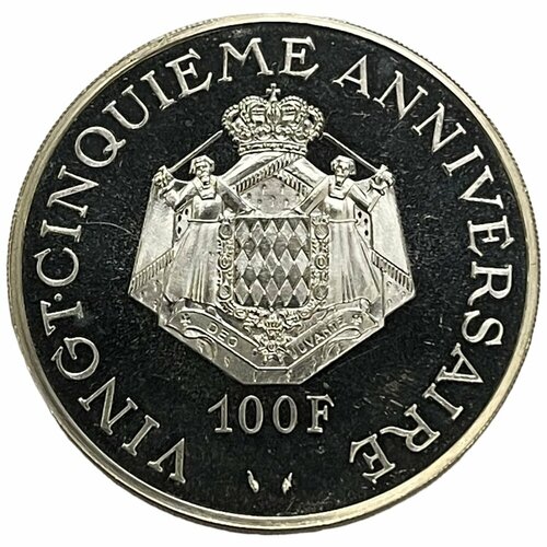 клуб нумизмат монета 10 франков монако 1982 года бронза раньер iii Монако 100 франков 1974 г. (25 лет правления Ренье III) (Proof)