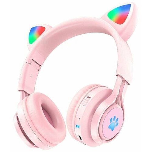 Наушники беспроводные накладные W39 Cat ear kids с ушками розовые