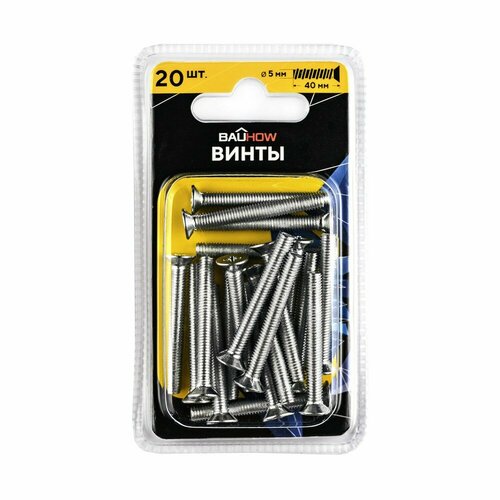 Винт DIN 965 5х40 сталь 4,8 BAUHOW, оцинкованный 20шт в блистере