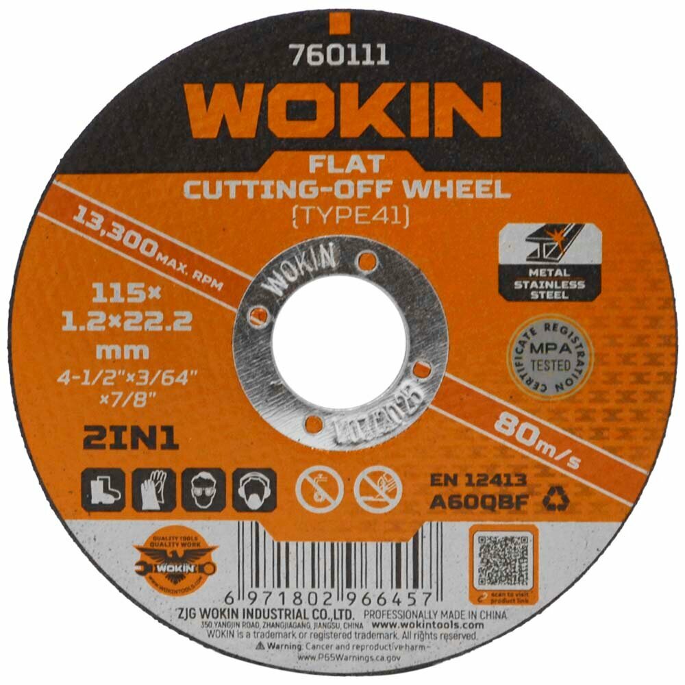 фото Диск отрезной по металлу WOKIN, 115x1.2x22.2 мм, 13300 об/мин, тип 41 {760111}