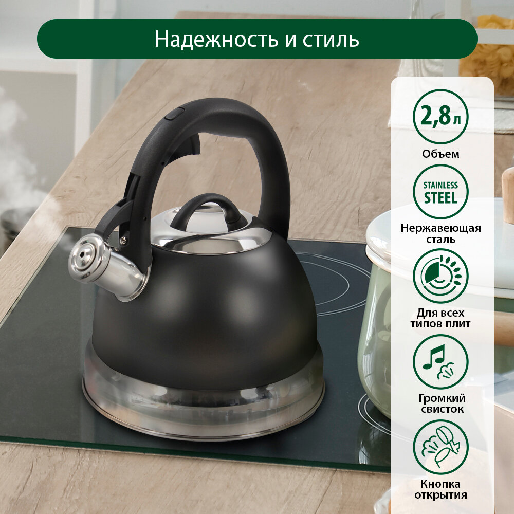 Чайник металлический со свистком MARTA MT-3093 черный матовый