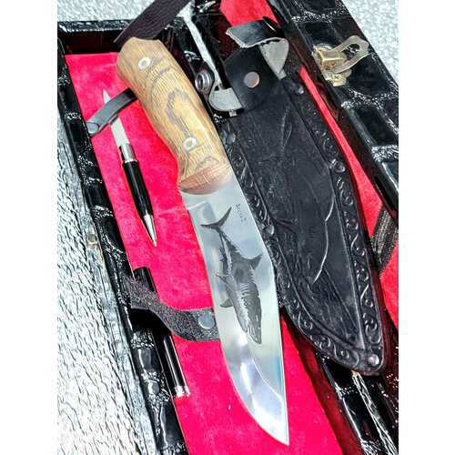 Нож туристический разделочный Акула в чехле ножнах и подарочный черный кожаный футляр , ручка нож в подарок