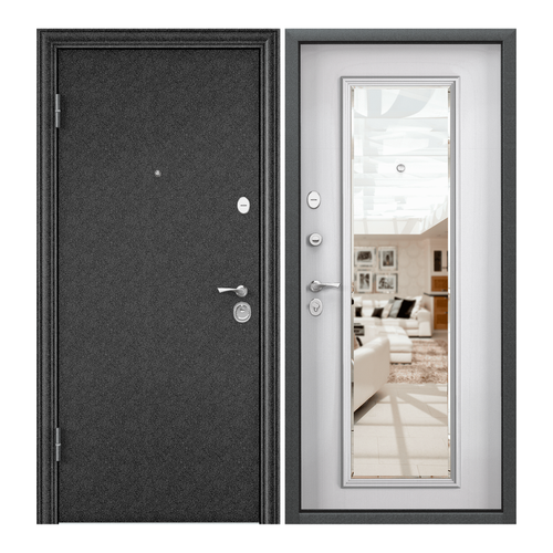 Дверь входная для квартиры Torex Flat L 950х2050 левый, тепло-шумоизоляция антикоррозийная защита, замки 4-го и 2-го класса, зеркало, черный/бежевый дверь входная torex для квартиры металлическая flat xl 860х2050 левый тепло шумоизоляция антикоррозийная защита замки 4 го класса черный бежевый